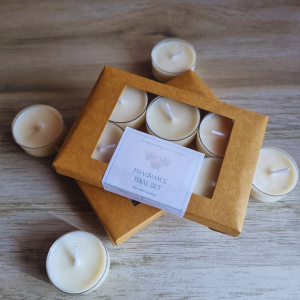 tea light candle set, fragrance trial set, scented tea lights, candle sample set, mini candles, home fragrance, clean-burning candles, gift set
