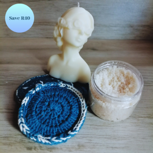 lady reverier candle combo, handmade face scrubbies, small body scrub gift set, self-care combo for women, empowering candle gift set, eco-friendly skincare kit